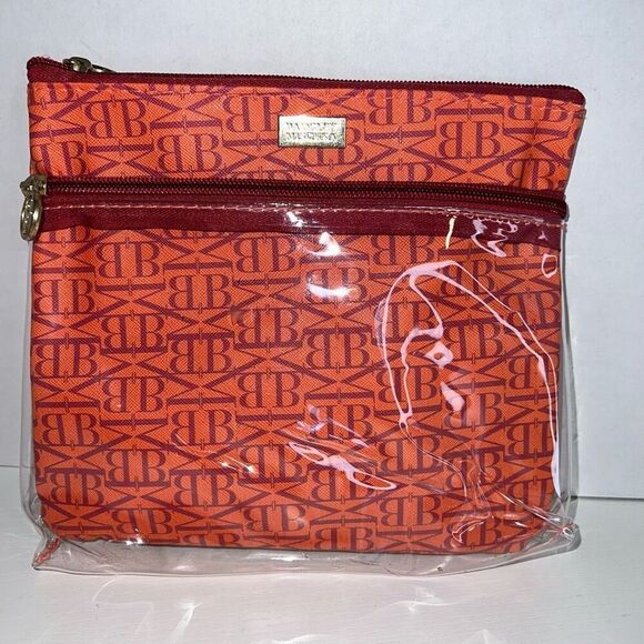 Badgley Mischka Orange Makeup Cosmetic Bag Kit Purse Tote Gold Tone Hardware - Picture 1 of 7